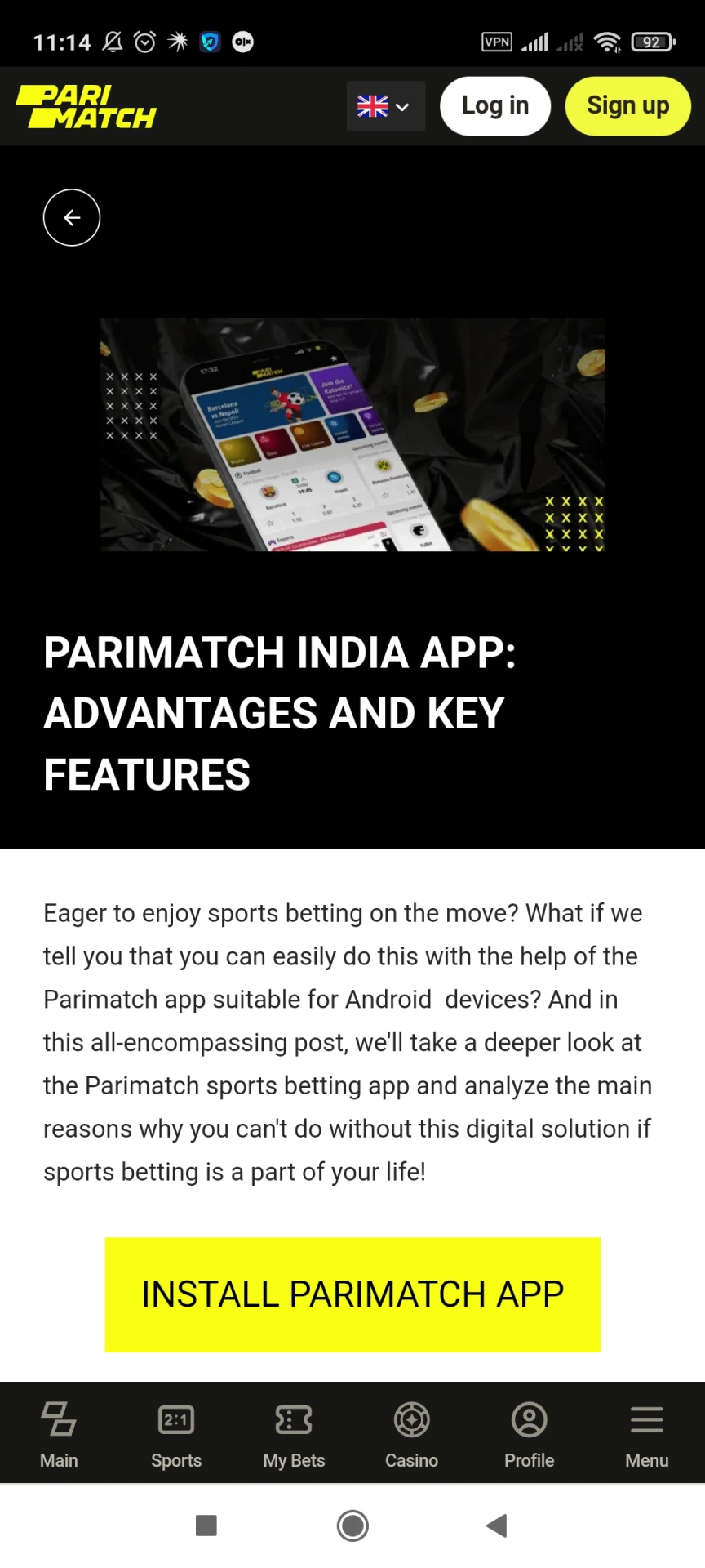 Now start downloading the Parimatch app for Android.