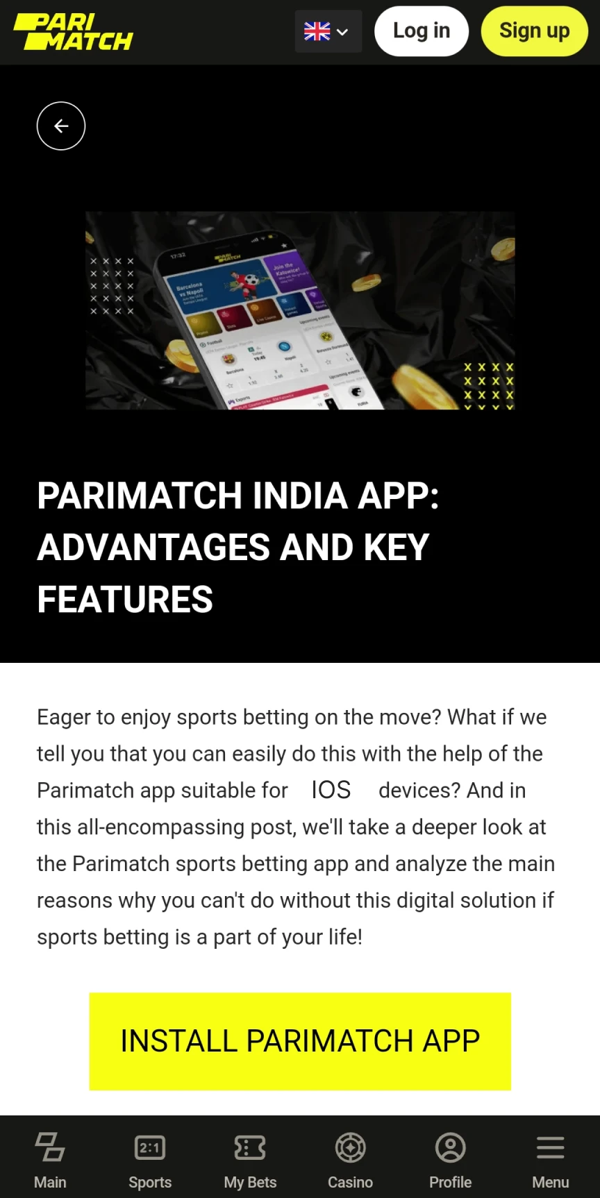 Now start downloading the Parimatch app for iOS.