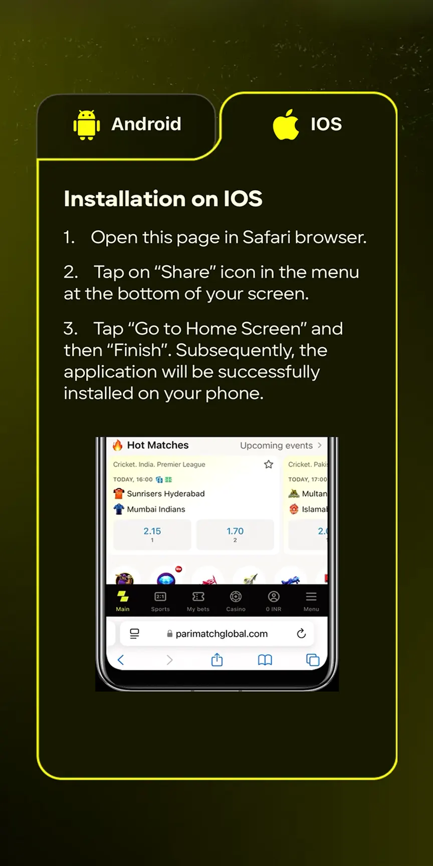 Now start downloading the Parimatch app for iOS.